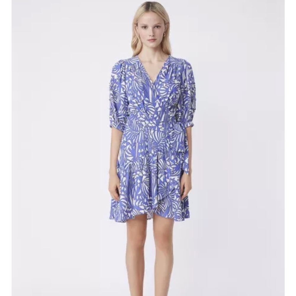 SUNCOO Blue White Patterned Mini Dress Printed Cisse Wrap Dress